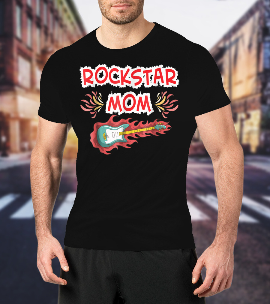 Rockstar Mom Electric Guitar Fire Design Rock Fan T-Shirt