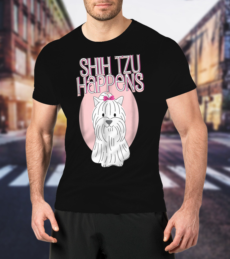 Shih Tzu Happens Dog Pink Bow Oval Background T-Shirt