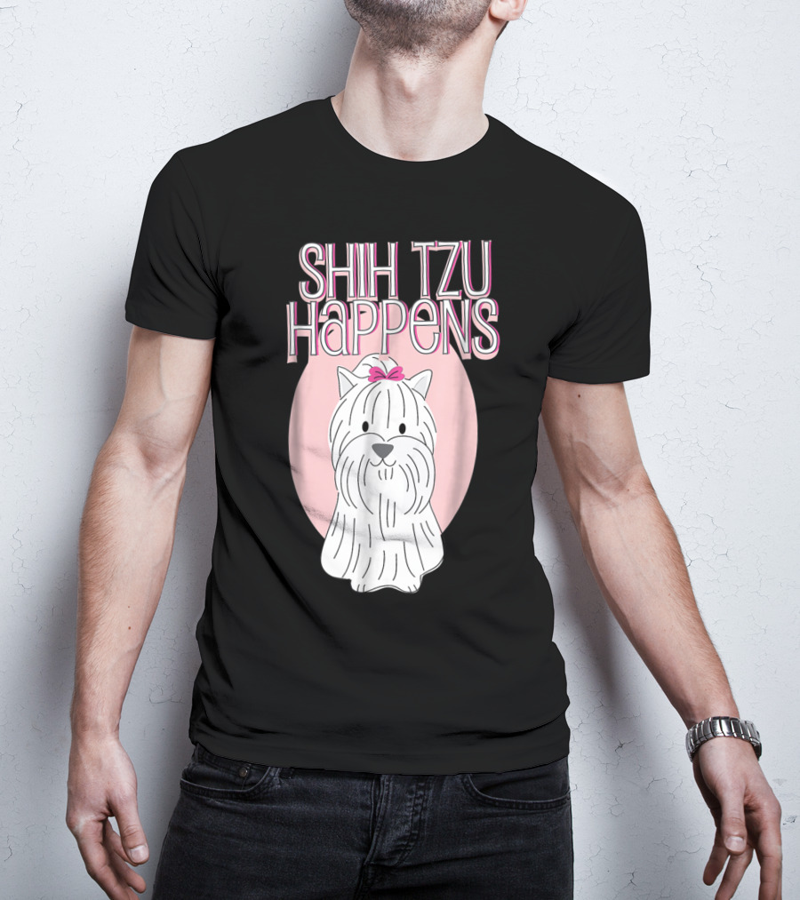 Shih Tzu Happens Dog Pink Bow Oval Background T-Shirt