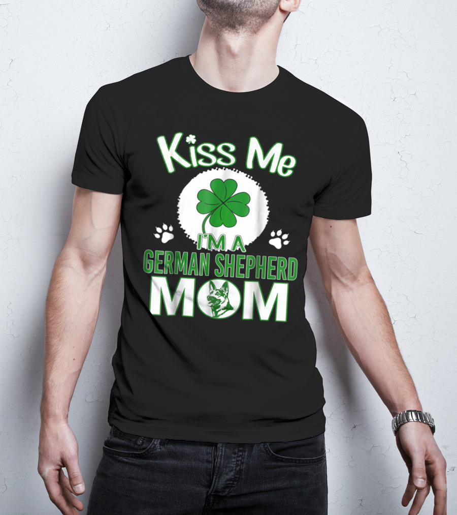 Kiss Me I'm A German Shepherd Mom Shamrock Paw Prints T-Shirt
