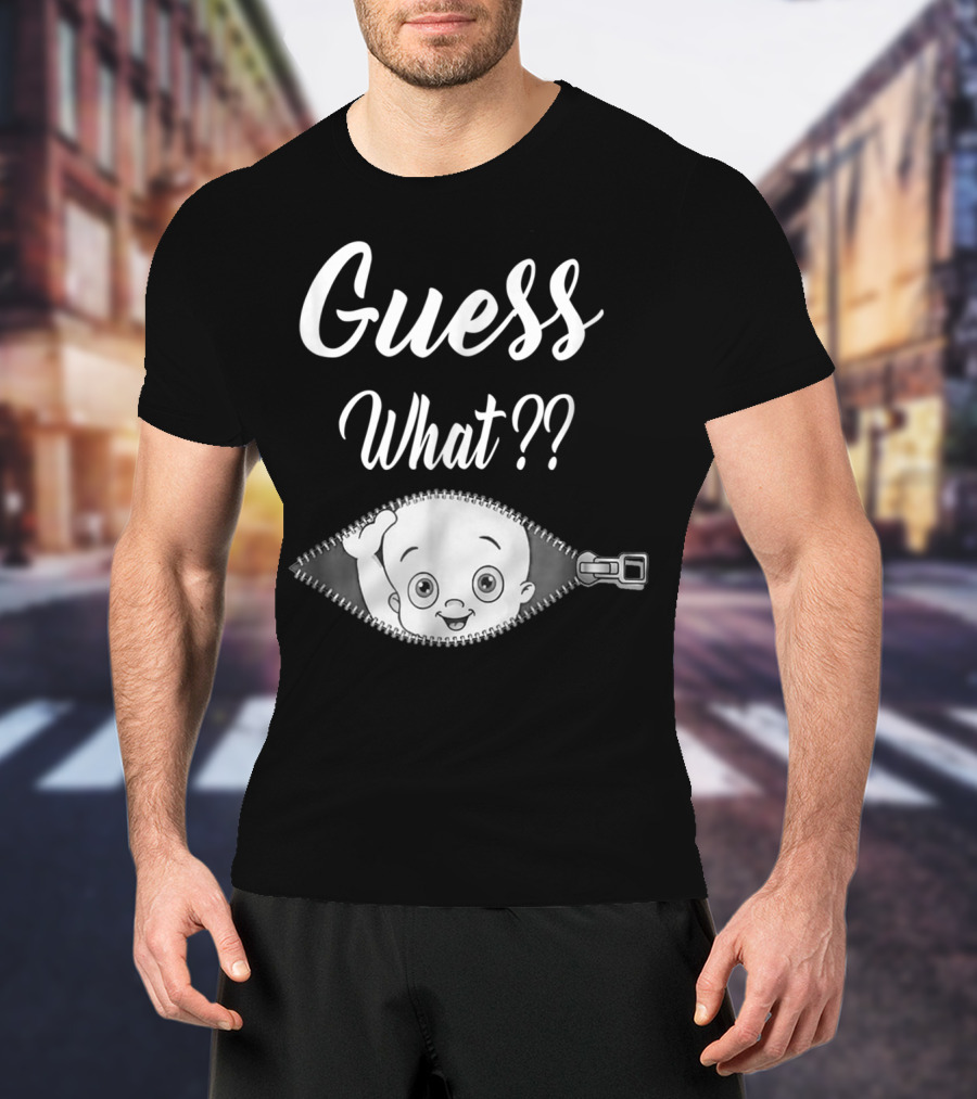 Guess What Pregnancy Announcement Expectant Mom Tee Zipper Baby Reveal T-Shirt