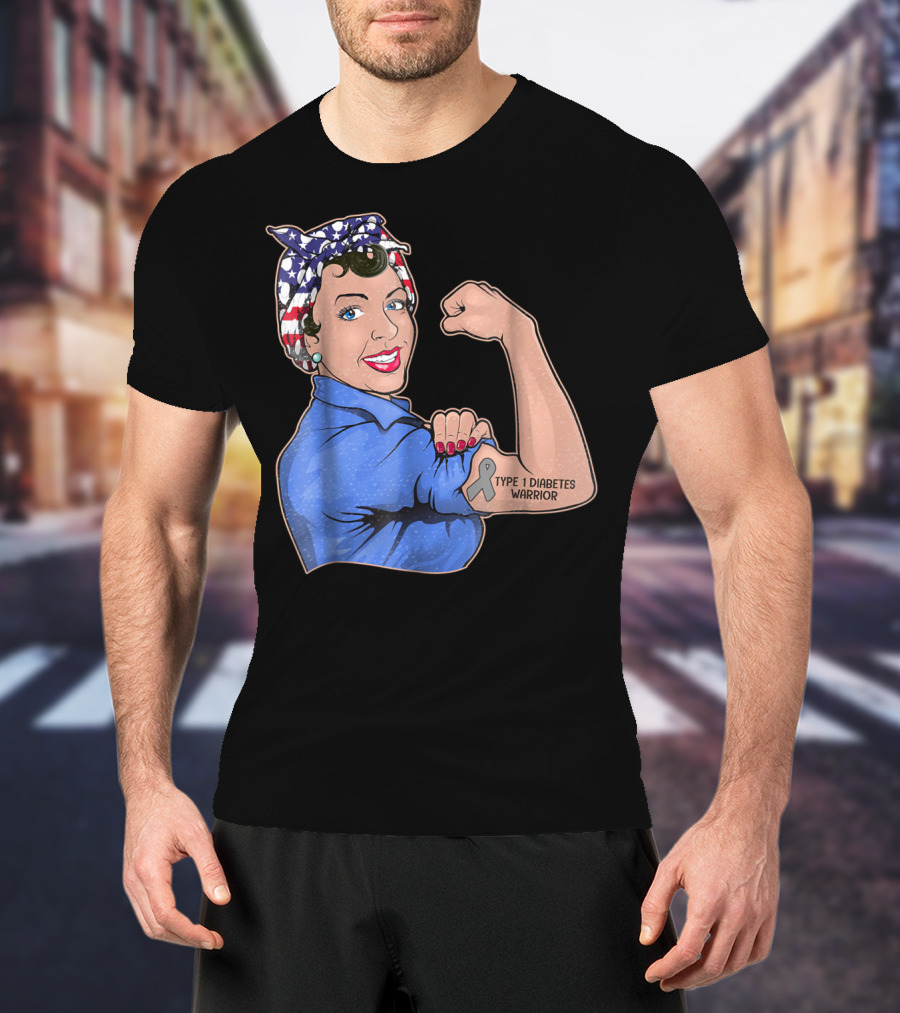 Type 1 Diabetes Warrior American Flag Rosie The Riveter Style Lady Girl35 T-Shirt