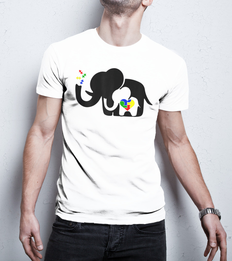 Autism Awareness Elephant With Puzzle Heart And Baby Elephant For Autism Mom T-Shirt
