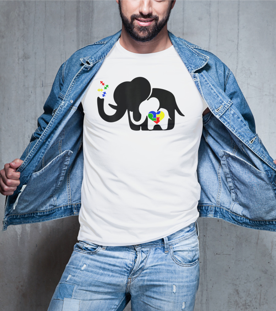 Autism Awareness Elephant With Puzzle Heart And Baby Elephant For Autism Mom T-Shirt