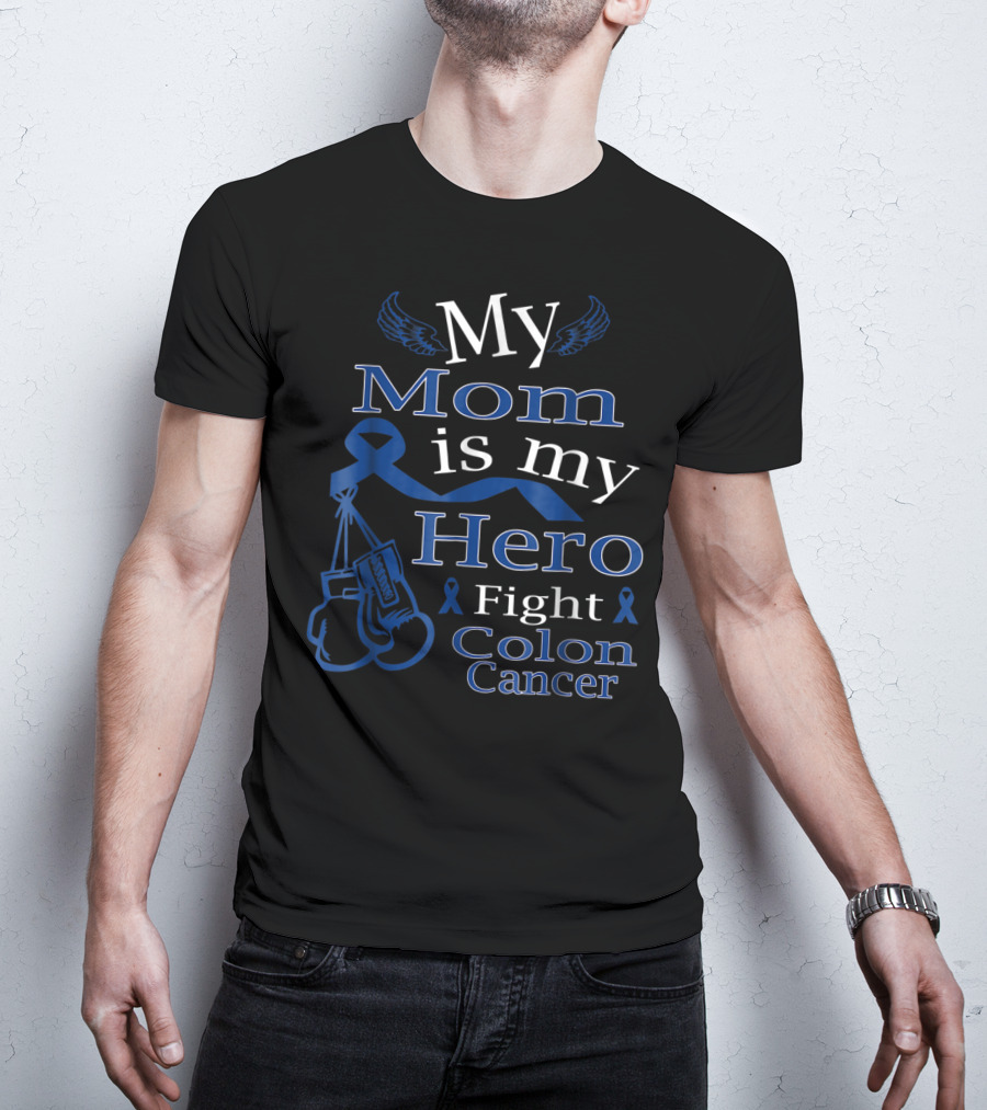 My Mom Is My Hero Fight Colon Cancer Blue Ribbon Boxing Gloves T-Shirt