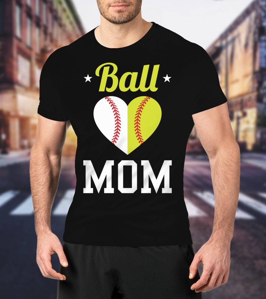 Ball Mom Heart Baseball Softball Dual Sports Mom T-Shirt