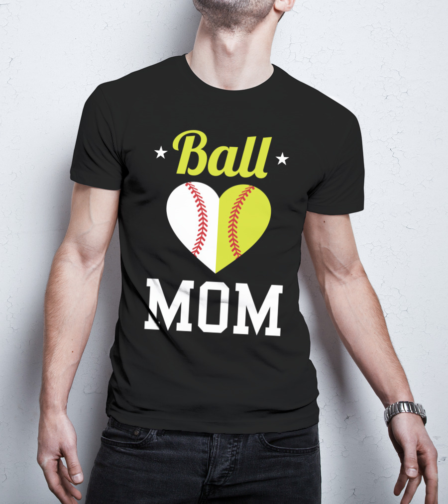 Ball Mom Heart Baseball Softball Dual Sports Mom T-Shirt