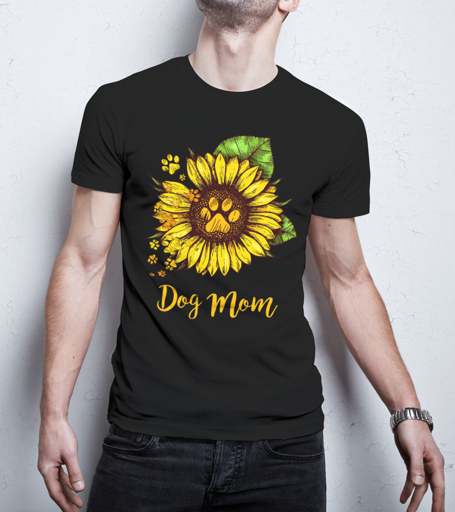 Dog Mom Sunflower With Dog Paw Prints T-Shirt