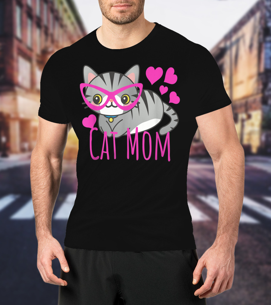 Cute Kawaii Cat Mom With Pink Glasses And Hearts T-Shirt