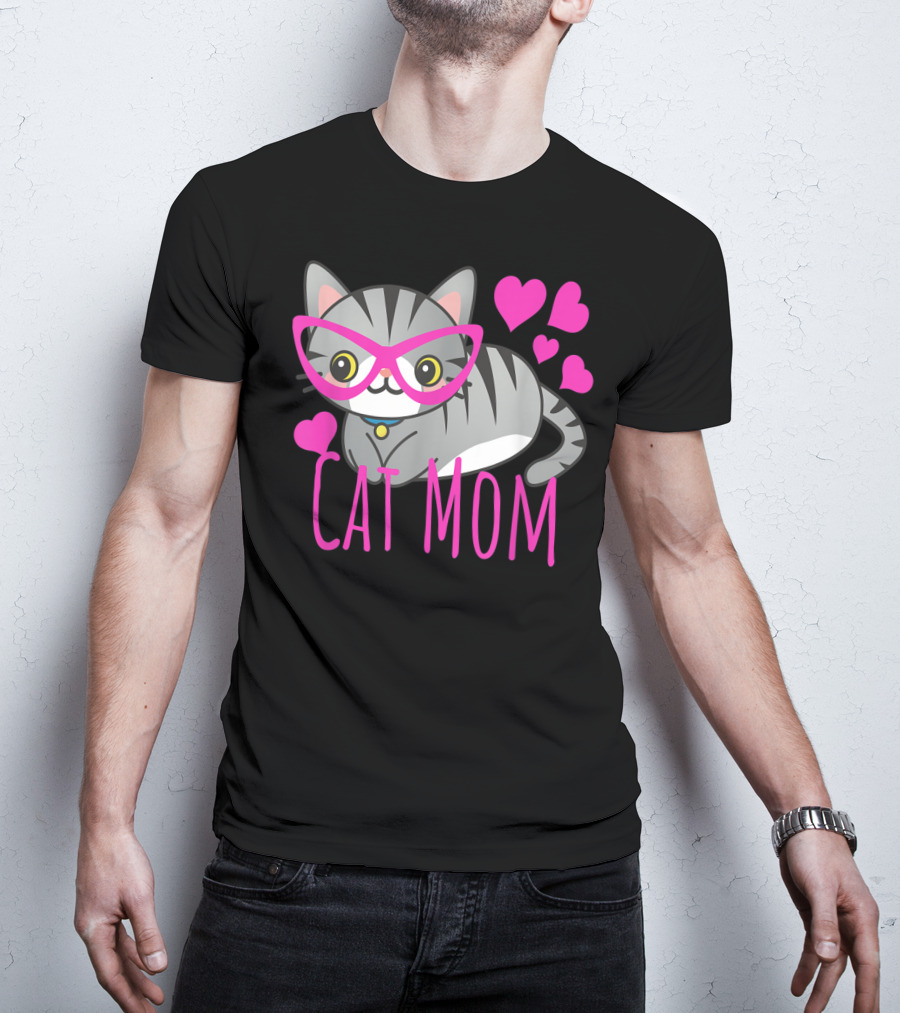 Cute Kawaii Cat Mom With Pink Glasses And Hearts T-Shirt