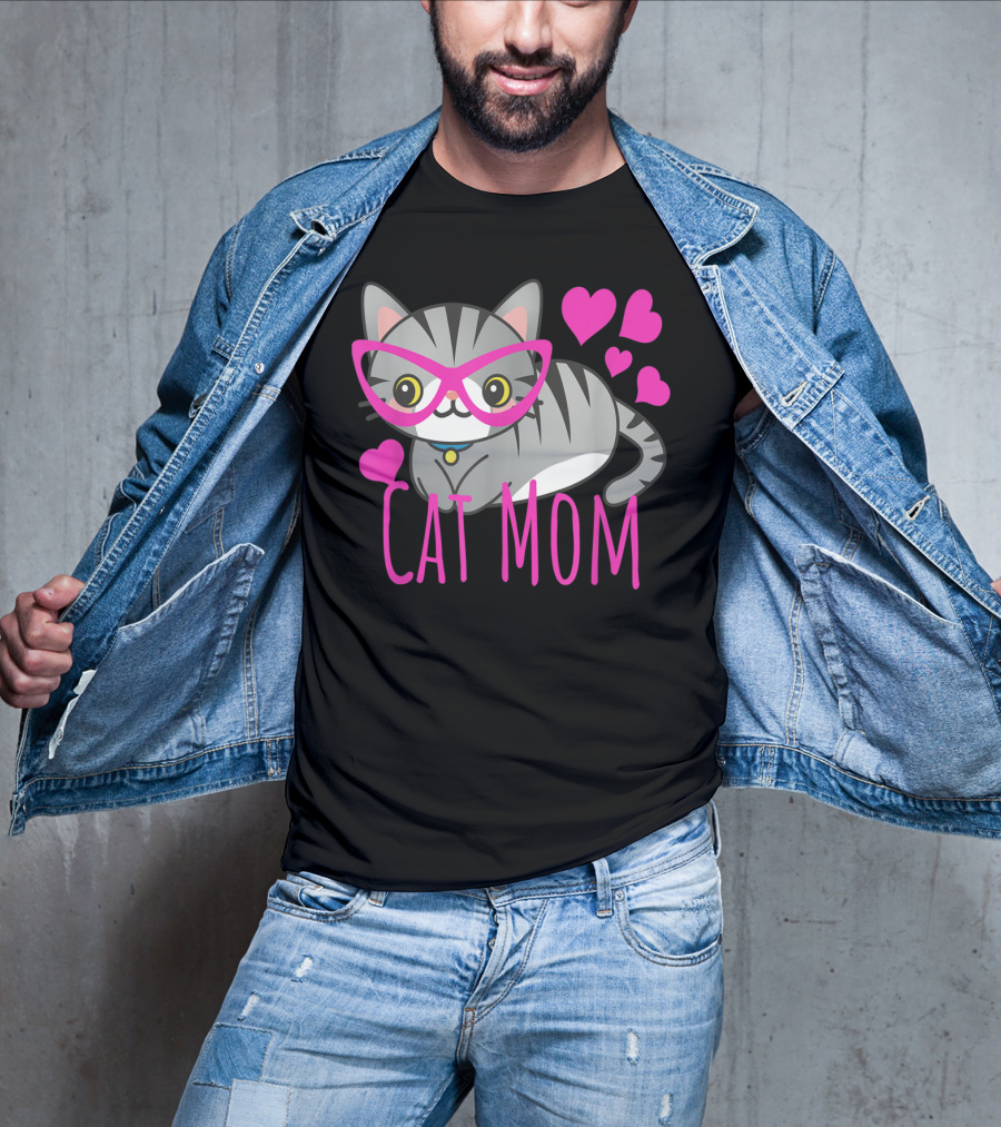 Cute Kawaii Cat Mom With Pink Glasses And Hearts T-Shirt