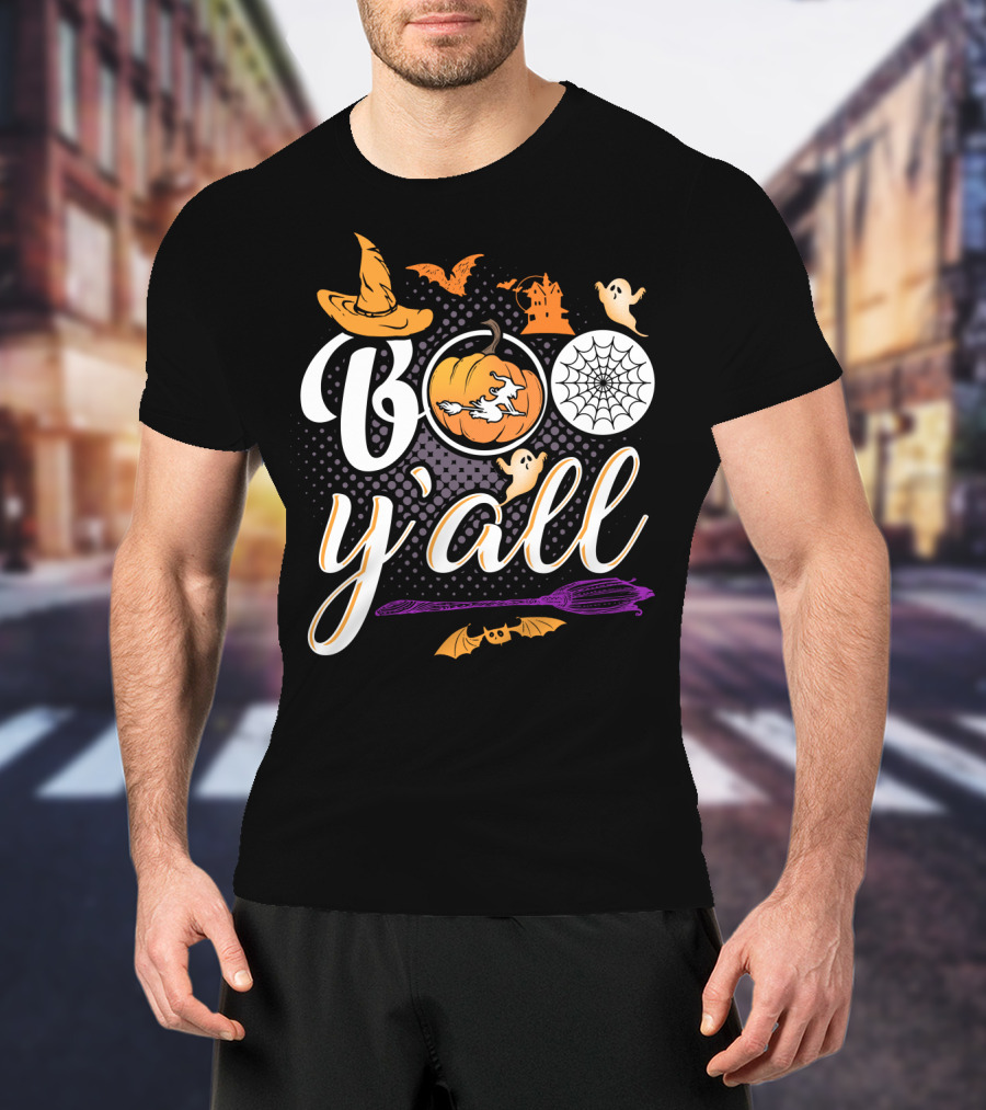 Boo Y'all Halloween Witch Hat Pumpkin Ghost Spiderweb Broomstick T-Shirt