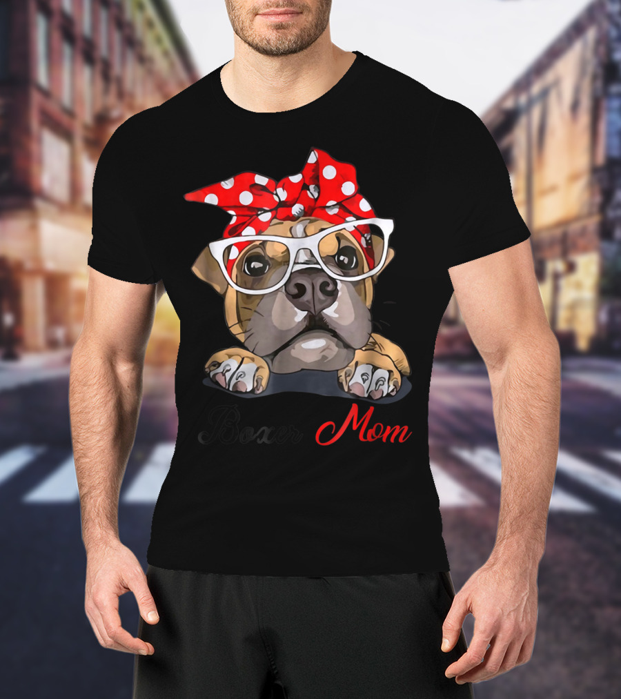 Boxer Mom Funny Boxer Dog With Glasses And Red Polka Dot Bandana T-Shirt