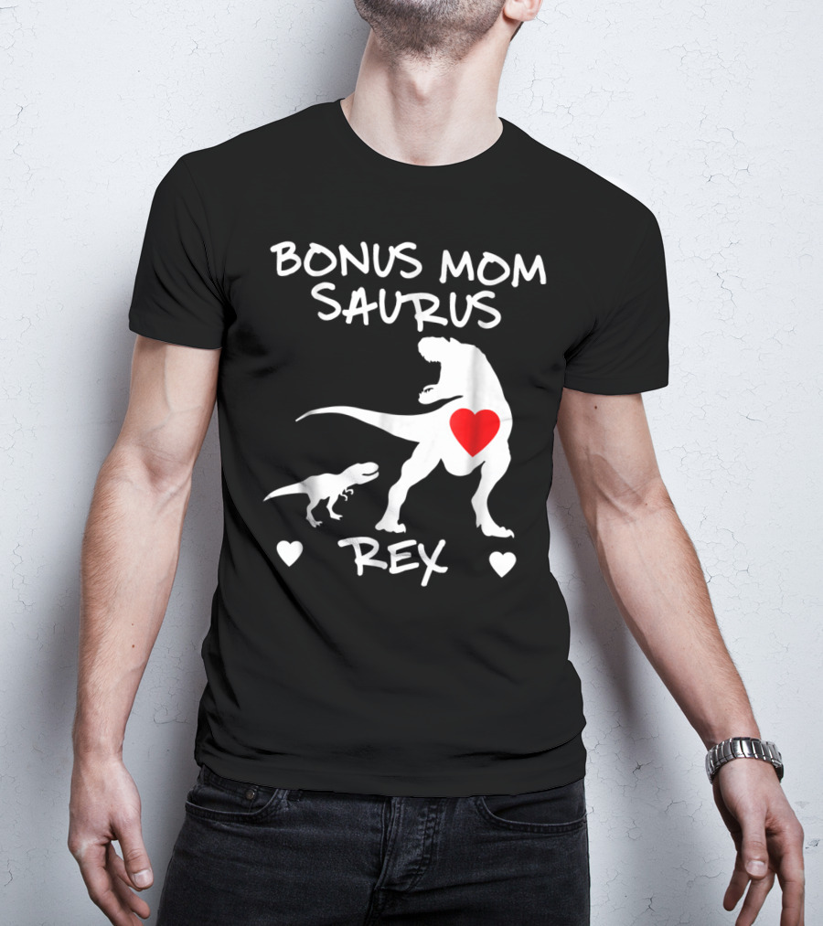 Bonus Mom Saurus Rex Dinosaur Hearts T-Shirt