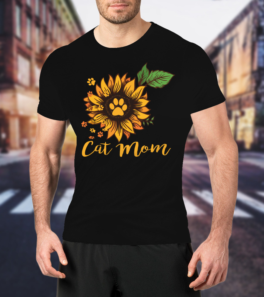 Cat Mom Sunflower Paw Prints T-Shirt