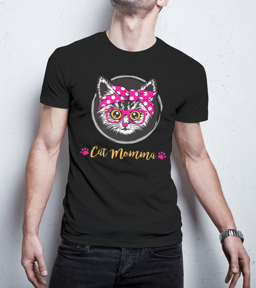 Cat Momma Pink Bow Glasses Paws T-Shirt
