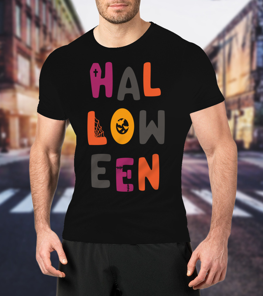 Halloween Cute Teacher Mom Dad Spider Bat Cross Stitched Text T-Shirt
