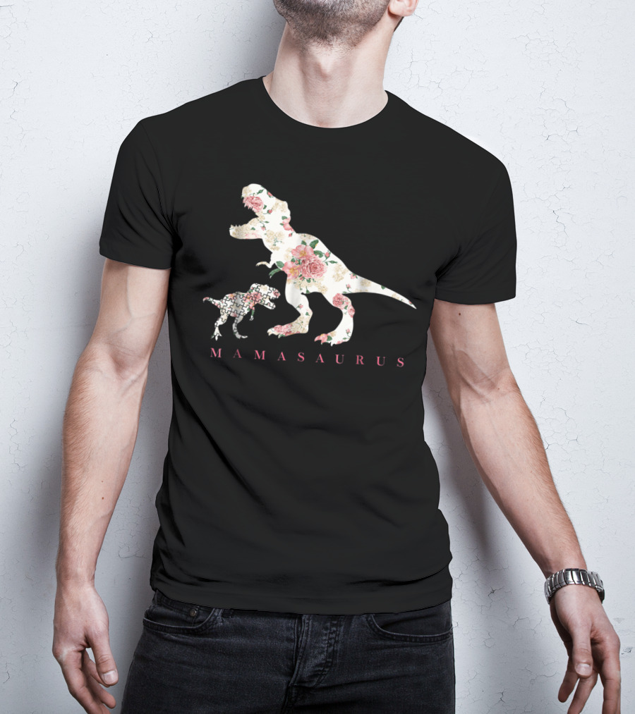 Mamasaurus Dinosaur With Floral And Puzzle Pattern For Autism Awareness T-Shirt