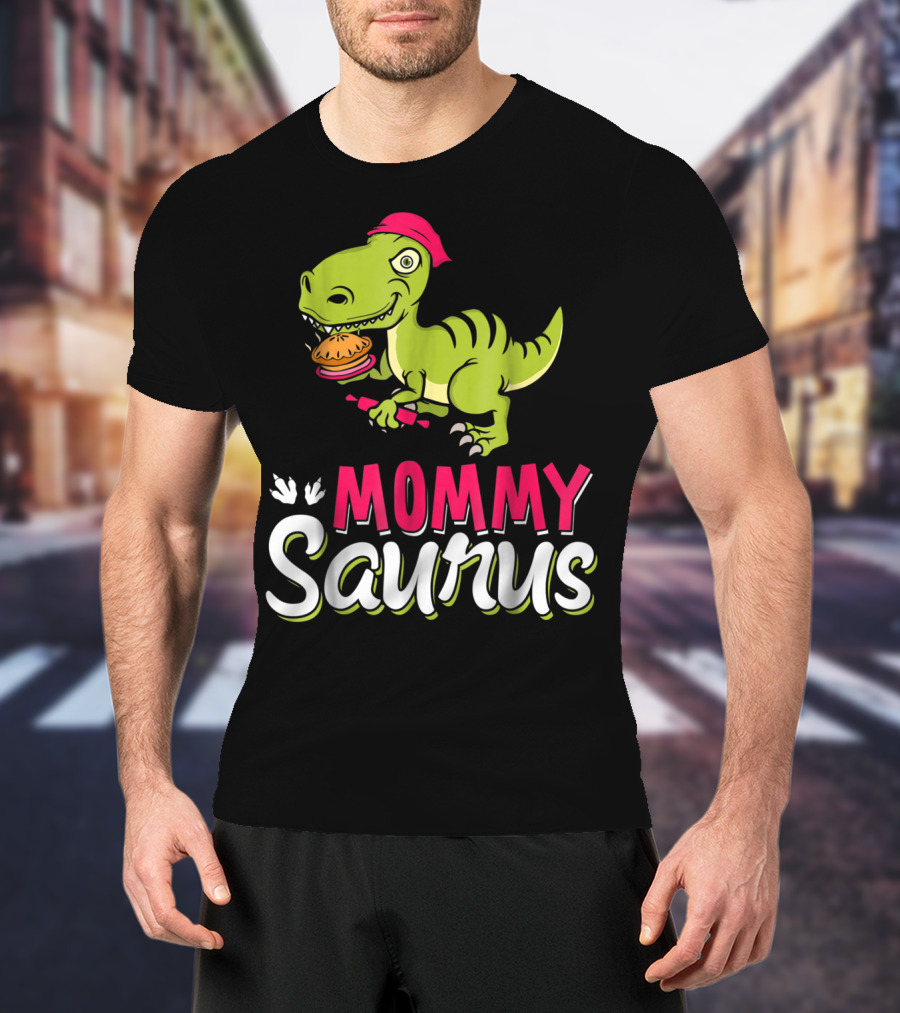 Mommy Saurus T-Rex Dinosaur With Burger And Red Bandana T-Shirt