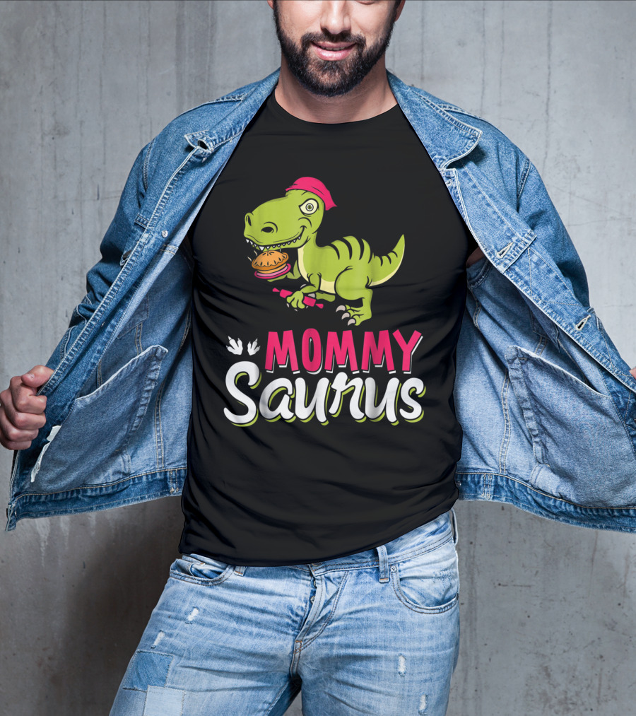 Mommy Saurus T-Rex Dinosaur With Burger And Red Bandana T-Shirt