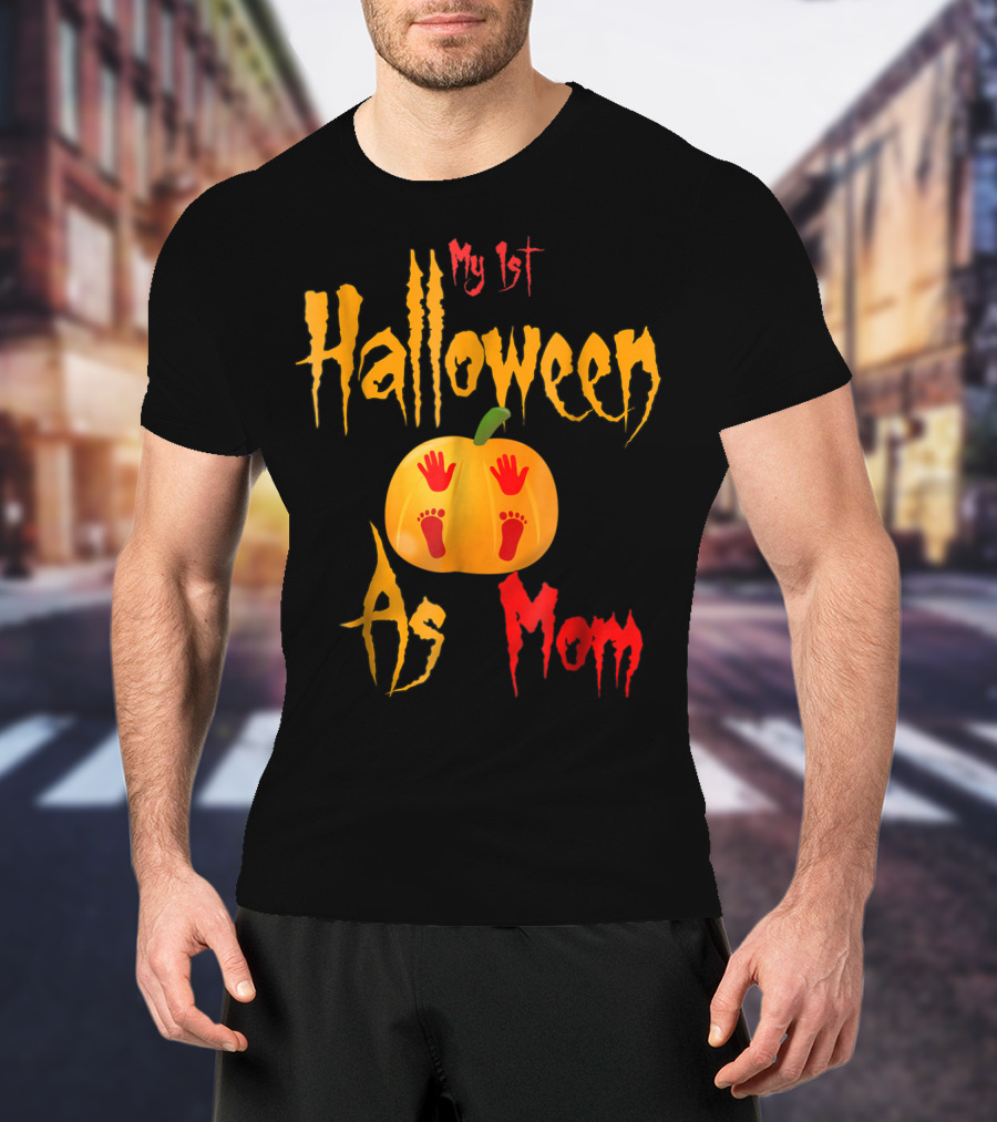 My 1st Halloween As Mom Pumpkin With Baby Footprints And Handprints T-Shirt