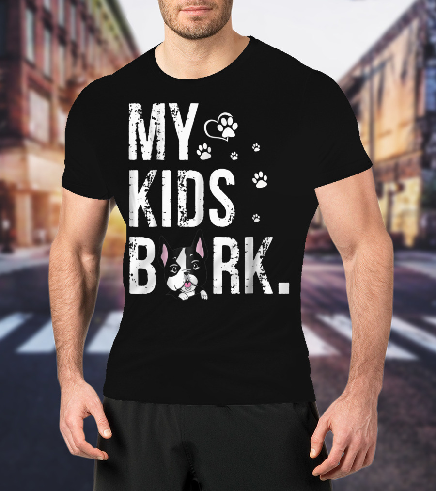 MY KIDS BARK Dog Paws Heart Icon Boston Terrier T-Shirt