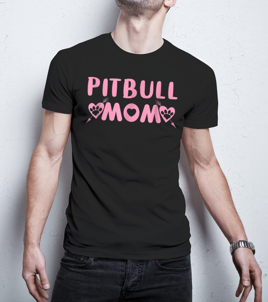 Pitbull Mom Heart Paw Arrow Pink T-Shirt