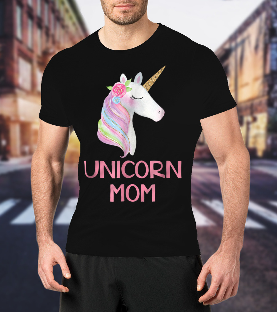 Unicorn Mom Watercolor Pink Flowers And Gold Horn Rainbow Mane T-Shirt
