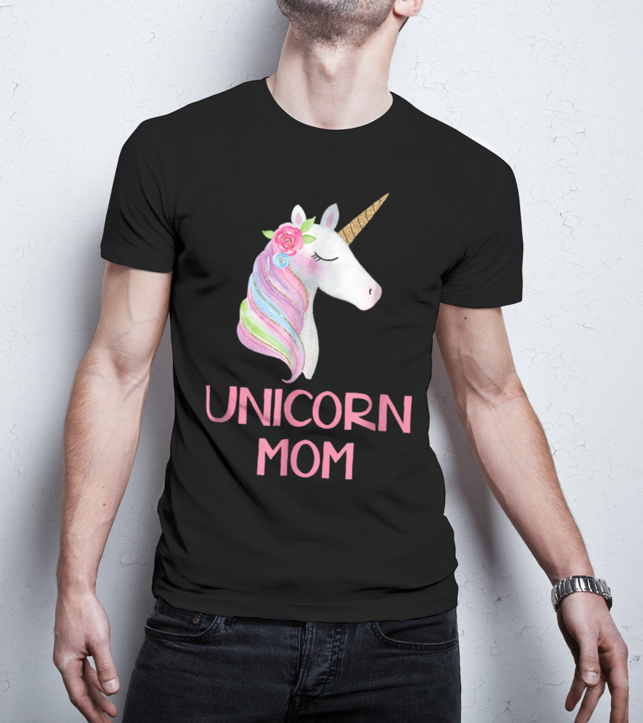 Unicorn Mom Watercolor Pink Flowers And Gold Horn Rainbow Mane T-Shirt