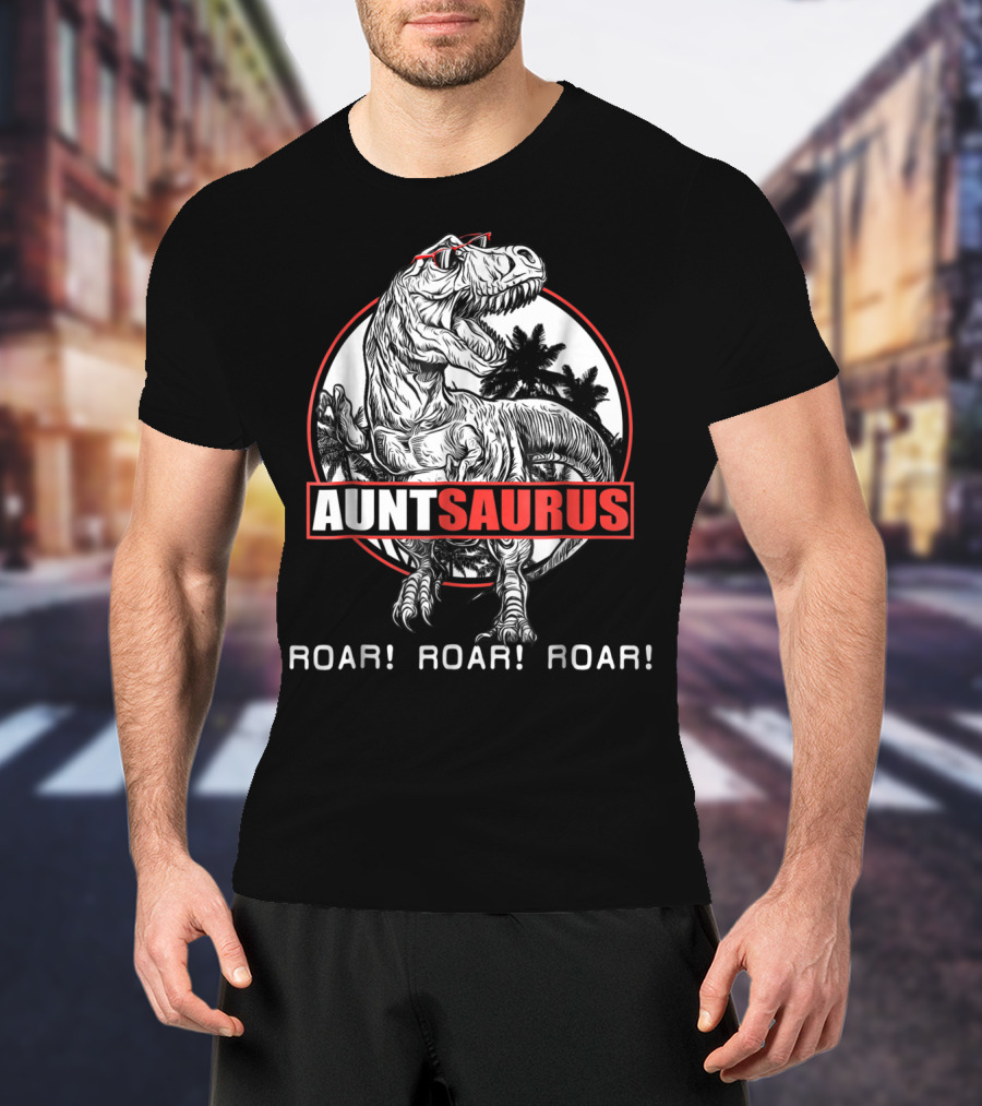 Auntsaurus Roar Roar Roar Dinosaur With Sunglasses And Palm Trees T-Shirt