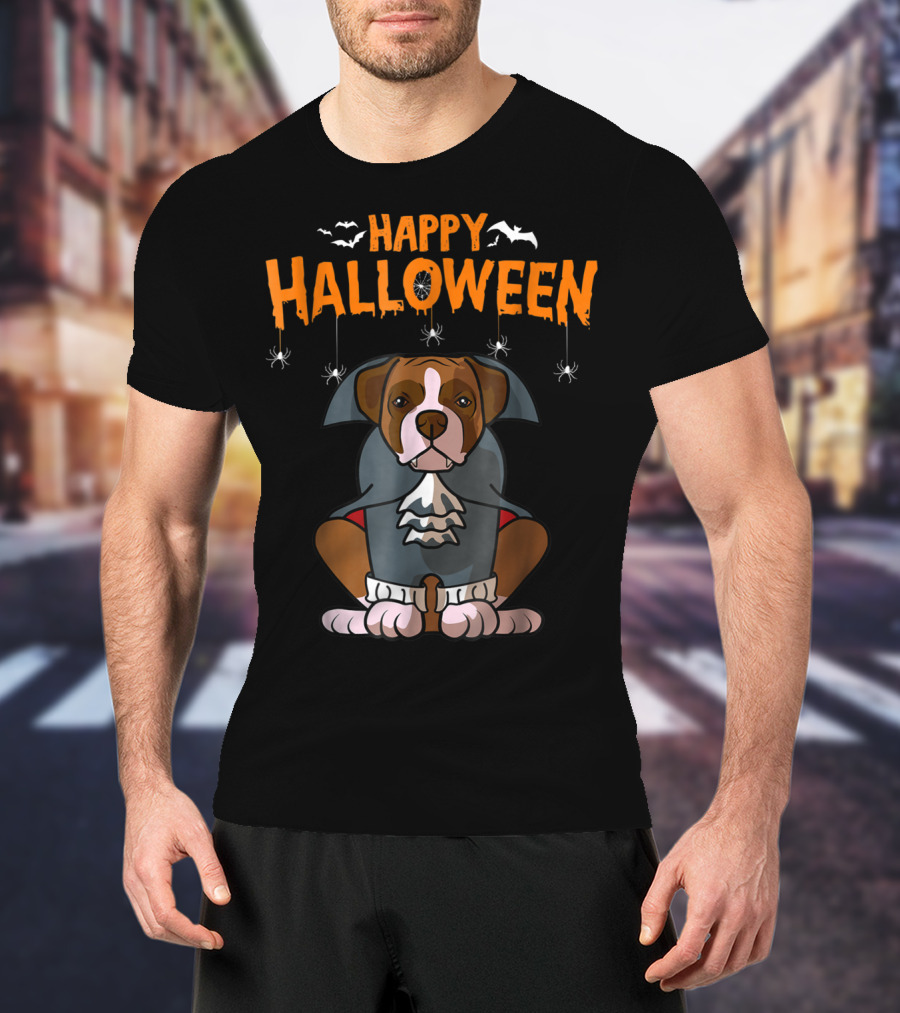 Happy Halloween Funny Boxer Dog Costume With Bats And Spiders T-Shirt
