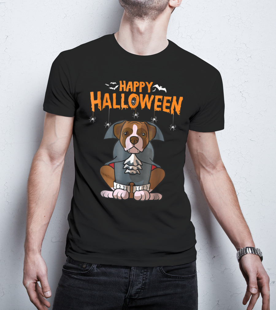 Happy Halloween Funny Boxer Dog Costume With Bats And Spiders T-Shirt