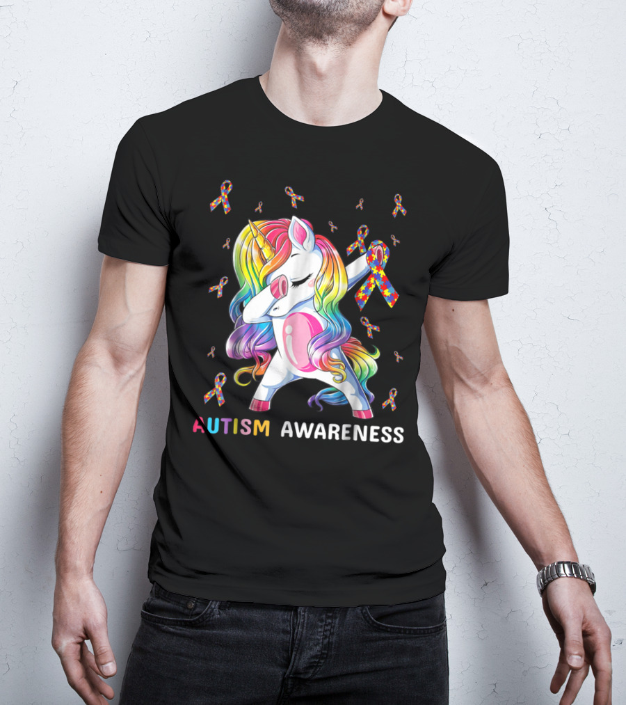 Autism Awareness Unicorn Dabbing With Rainbow Puzzle Ribbons T-Shirt
