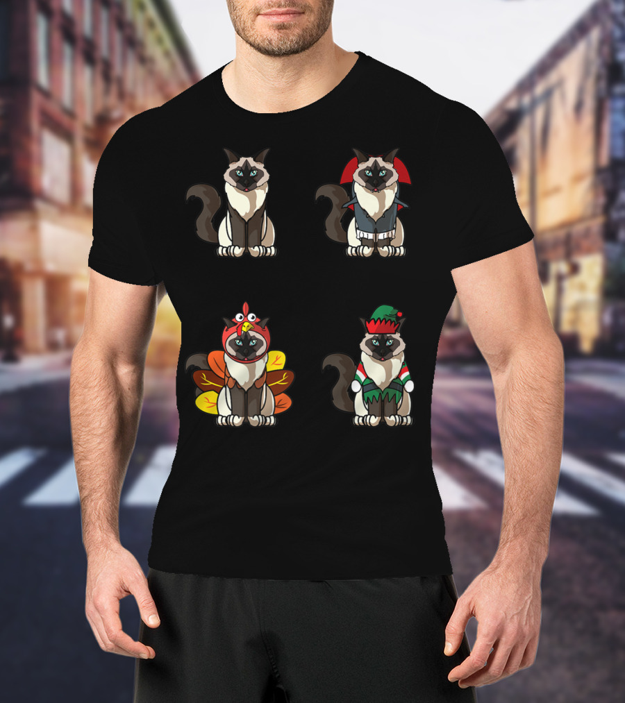 Birman Cat Dracula Turkey Elf Halloween Thanksgiving Christmas T-Shirt