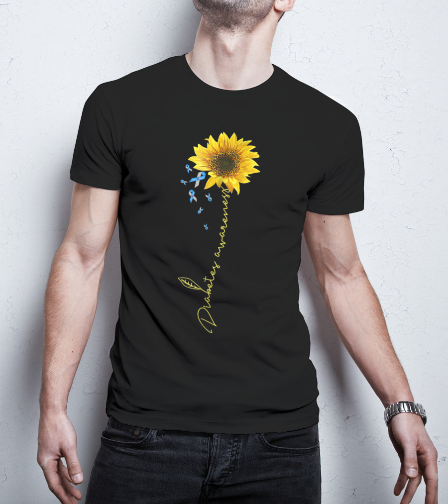 Diabetes Awareness Sunflower With Blue Ribbons T-Shirt