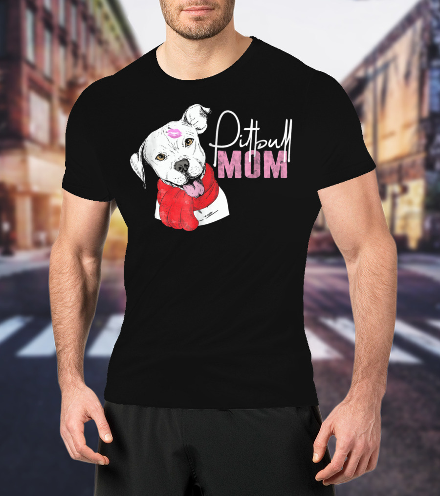 Pitbull Mom Pittie With Kissed Face And Red Scarf T-Shirt