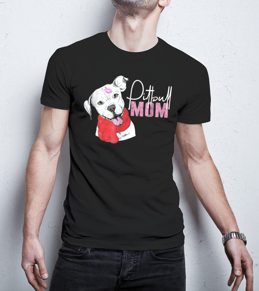 Pitbull Mom Pittie With Kissed Face And Red Scarf T-Shirt