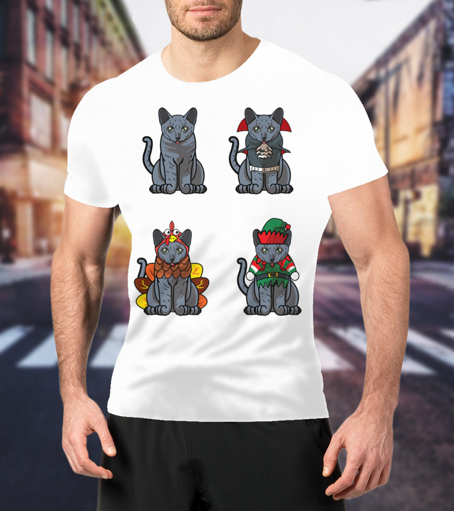 Blue Cat Halloween Thanksgiving Christmas Costumes T-Shirt