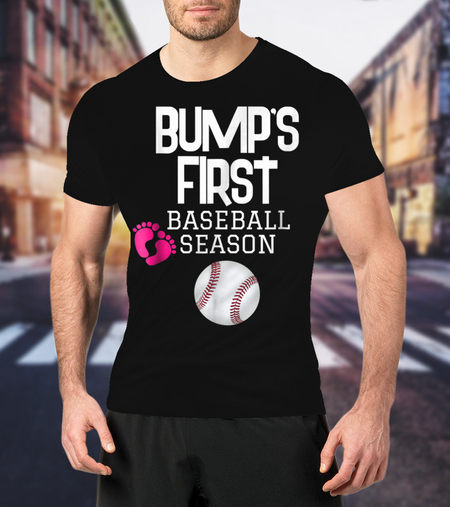 Bump's First Baseball Season New Mom To Be With Baby Footprints And Baseball T-Shirt