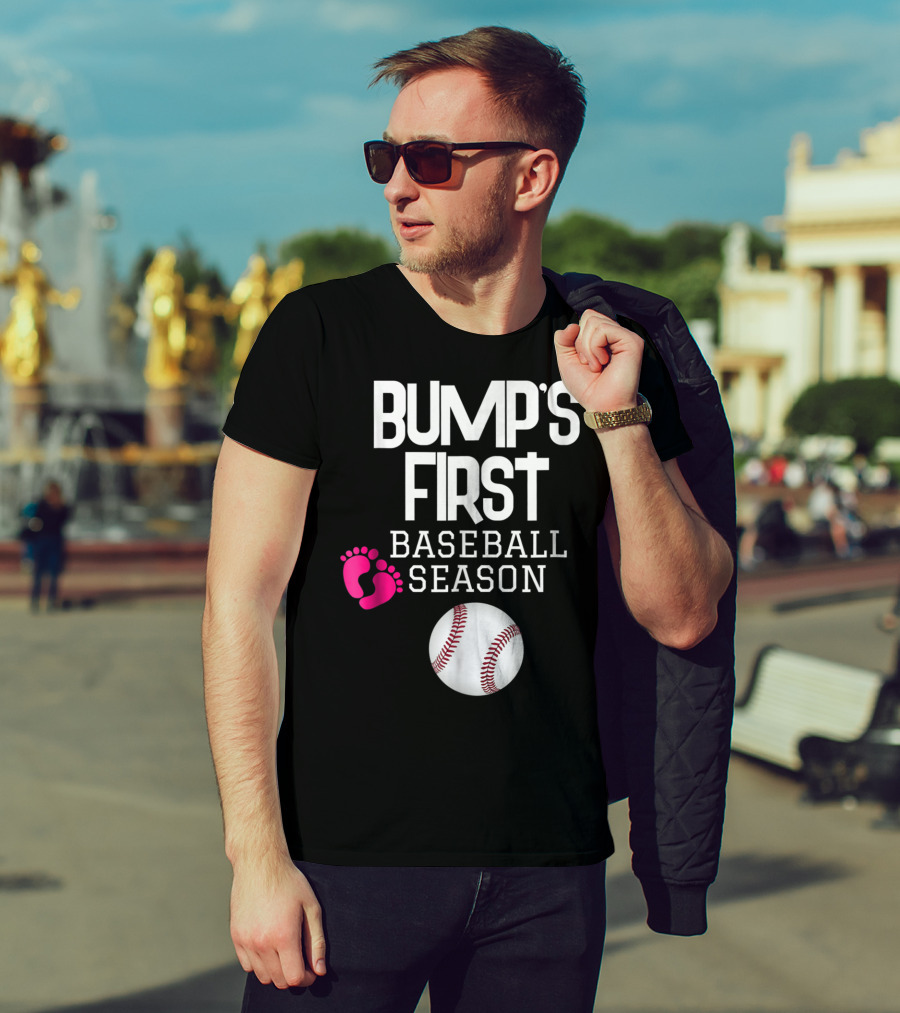 Bump's First Baseball Season New Mom To Be With Baby Footprints And Baseball T-Shirt