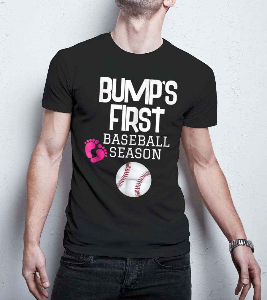 Bump's First Baseball Season New Mom To Be With Baby Footprints And Baseball T-Shirt