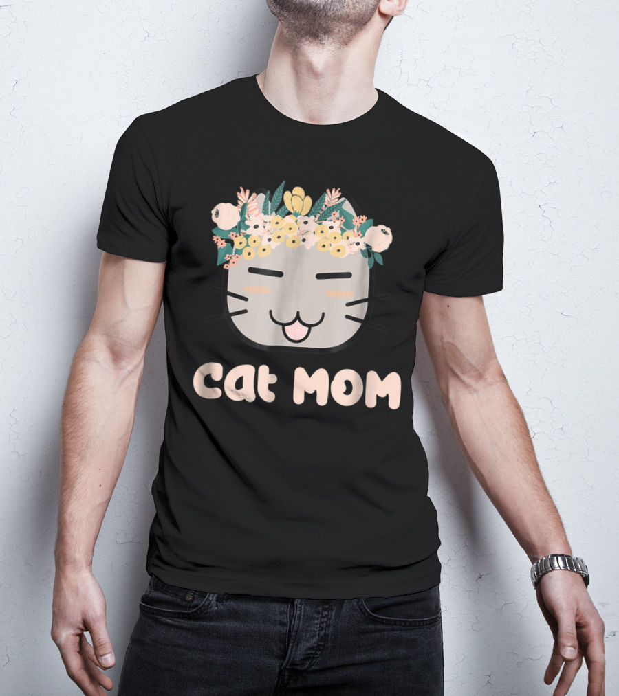 Cat Mom Floral Cat With Flower Crown T-Shirt