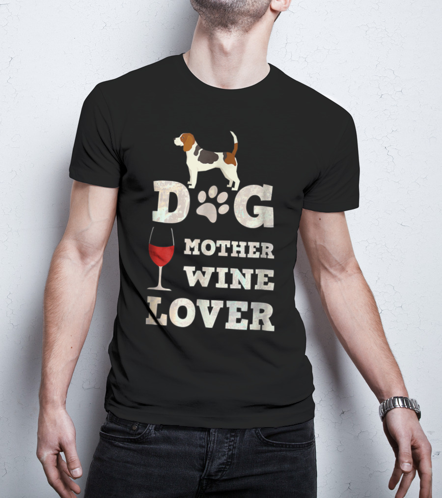 Dog Lover Mother Wine Enthusiast With Basset Hound And Paw Prints T-Shirt