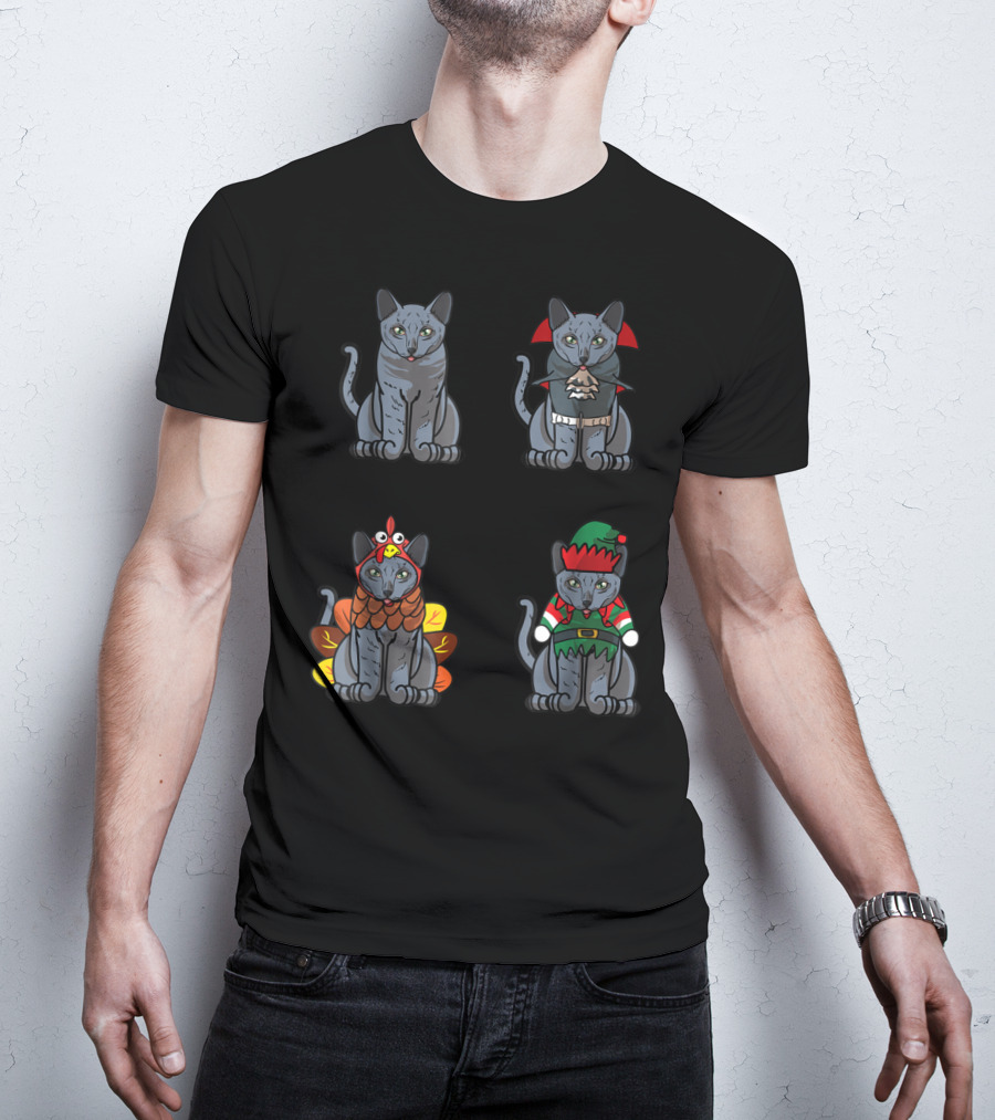 Blue Halloween Thanksgiving Christmas Cat Costume Quartet T-Shirt