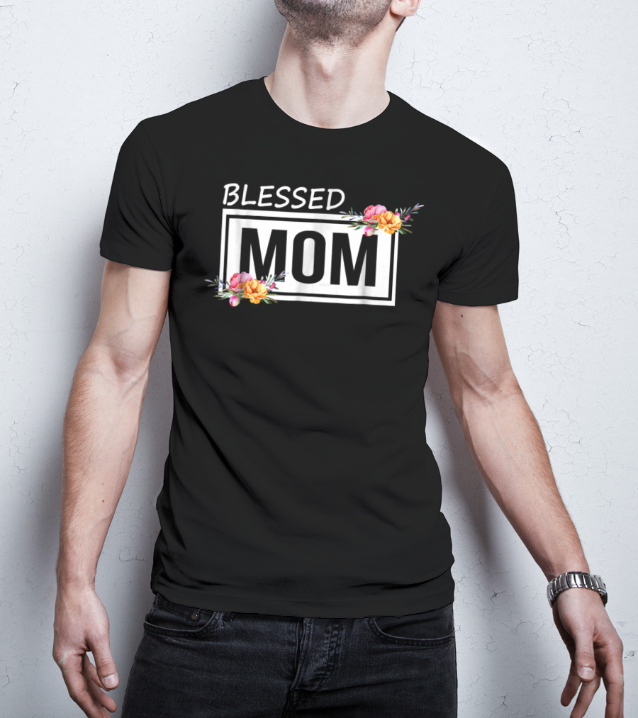 Blessed Mom Floral Text T-Shirt