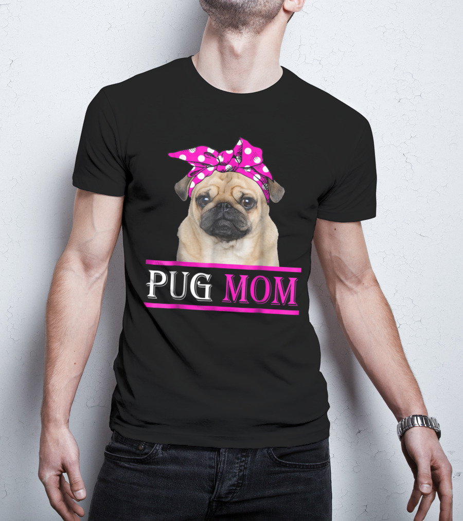 Pug Mom Cute Dog With Pink Polka Dot Bow T-Shirt