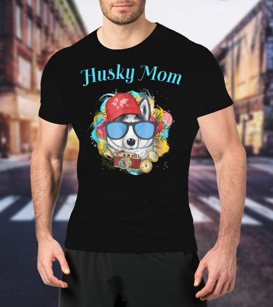 Husky Mom Dog With Red Cap And Sunglasses Surrounded By Camera T-Shirt