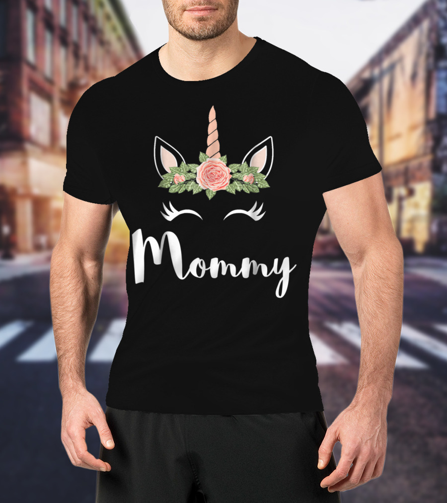 Mommy Cute Unicorn Face Mommy Flower Crown T-Shirt
