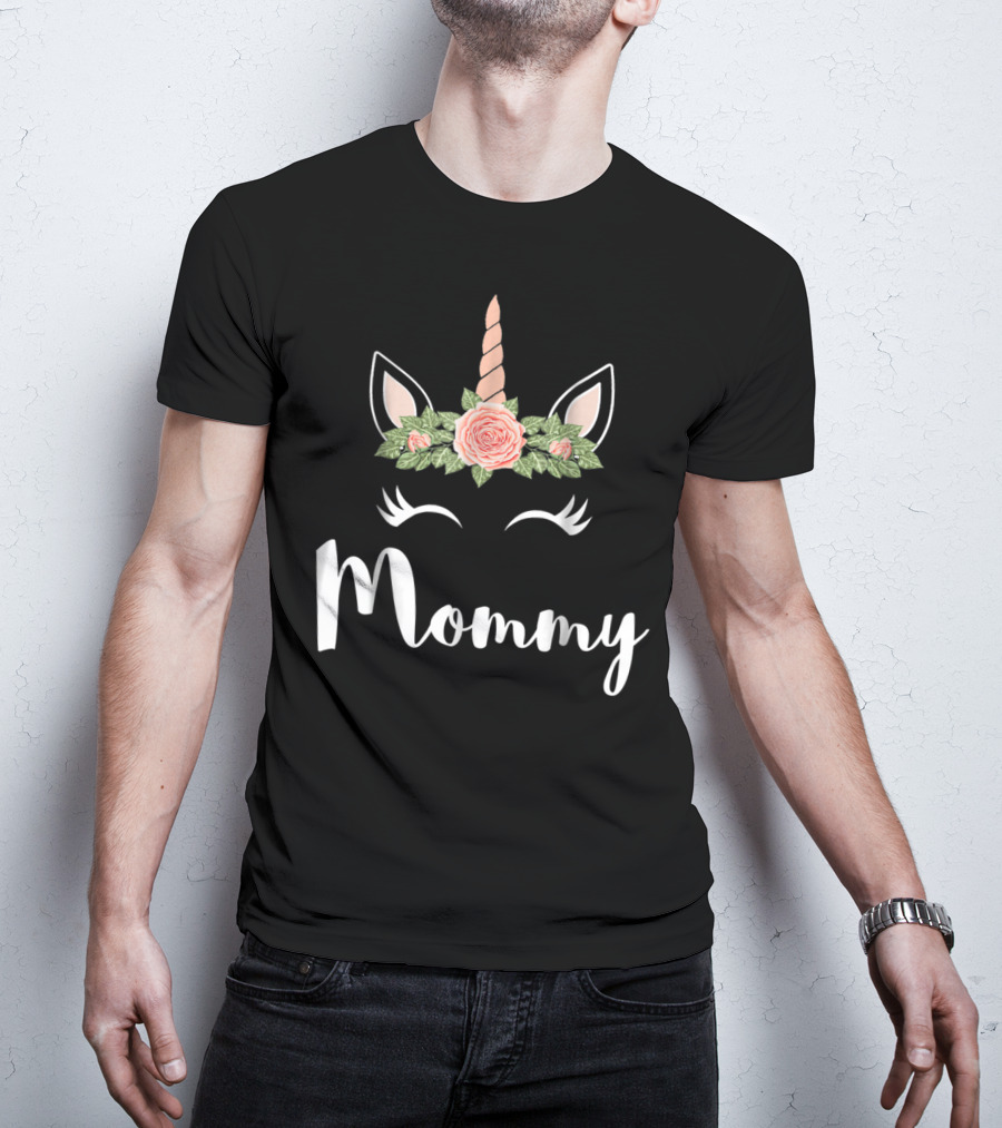 Mommy Cute Unicorn Face Mommy Flower Crown T-Shirt