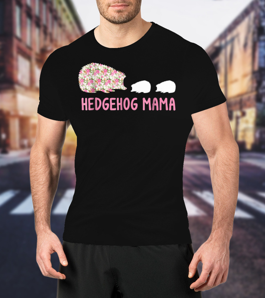 Hedgehog Mama With Floral Pattern And Babies T-Shirt